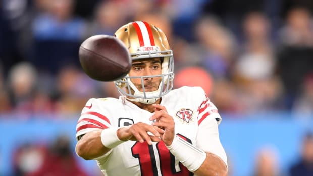 Dec 23, 2021; Nashville, Tennessee, USA; San Francisco 49ers quarterback Jimmy Garoppolo (10) throws a pass against the Tennessee Titans during the first half at Nissan Stadium. Mandatory Credit: Steve Roberts-USA TODAY Sports